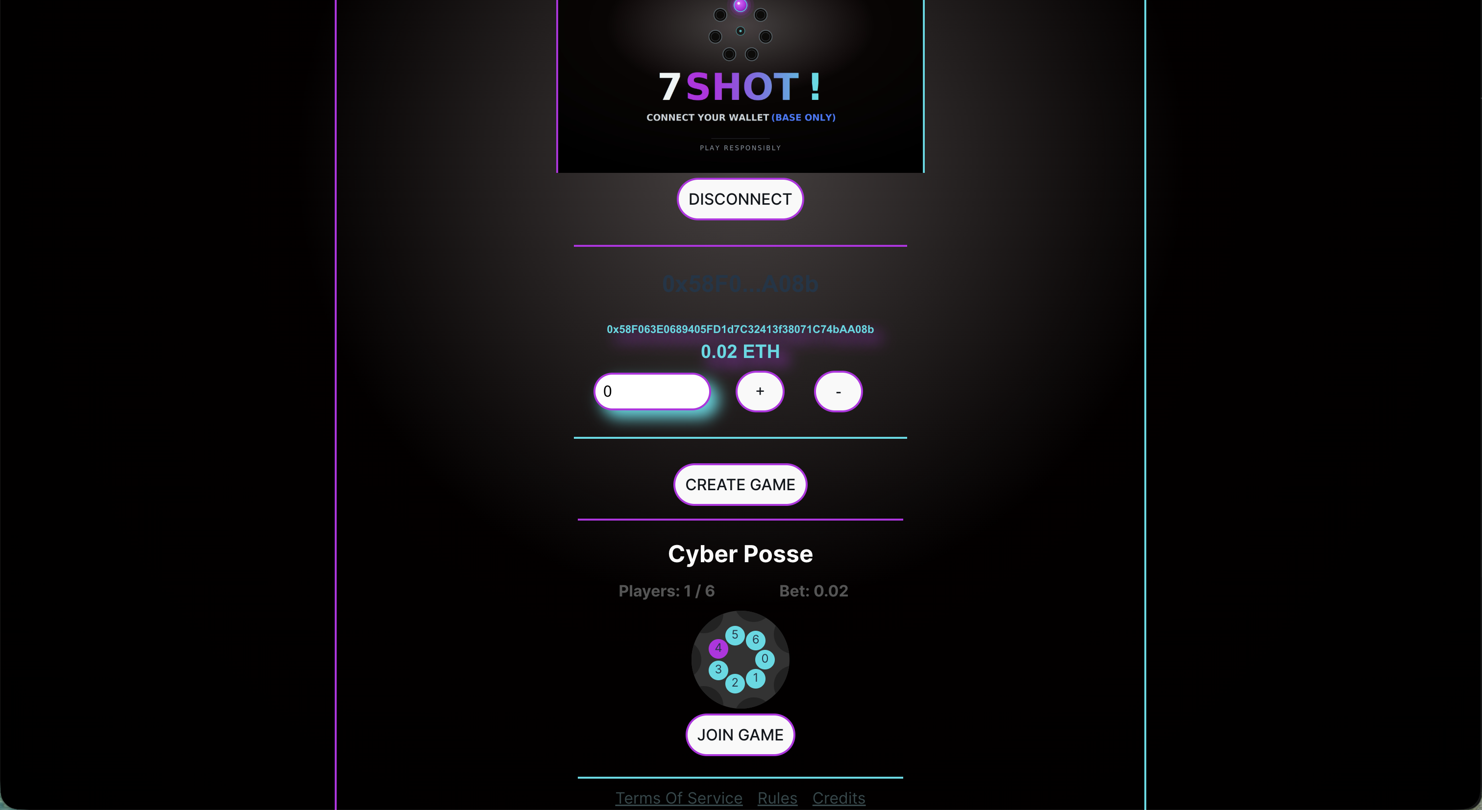 Screenshot of the 7SHOT web app showing wallet connection and live round state.